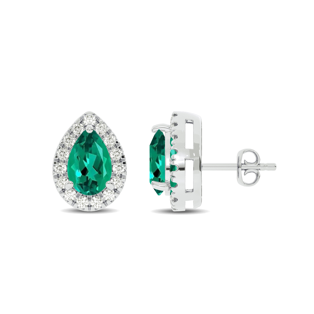 La Joya Opulent Lab Grown Diamond Teardrop Halo Earrings | 10K White Gold 3/4 ct. tw. Diamond & 9X7mm Pear Shape Emerald